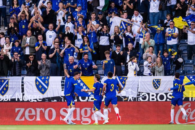 September 29, 2026: Eman Kospo of Bosnia and Herzegovina celebrates after scoring the 0–1 goal during the UEFA European Under-21 Qualifier soccer match between Norway and Bosnia and Herzegovina on September 29, 2026 in Stavanger. Photo by Marius Simensen. BILDBYRAN COP 238 bbeng bosnia bosnia and herzegovina u21 qualifiers soccer football celebration norway u21 uefa euro under-21 qualifiers  Copyright: MARIUSxSIMENSEN BB260929BB293