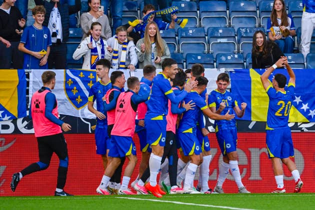U21 European Championship Qualifier: Norway vs. Bosnia and Herzegovina, Stavanger, September 29, 2026. Bosnia and Herzegovina celebrates after Matej Deket scores in the U21 European Championship qualifier between Norway and Bosnia and Herzegovina at Lyse Arena in Stavanger. Photo: Carina Johansen, NTB, Stavanger Norway EDITORIAL USE ONLY RESTRICTED USE FOR BETTING COMPANIES  Copyright: xCarinaxJohansenx xNTBx