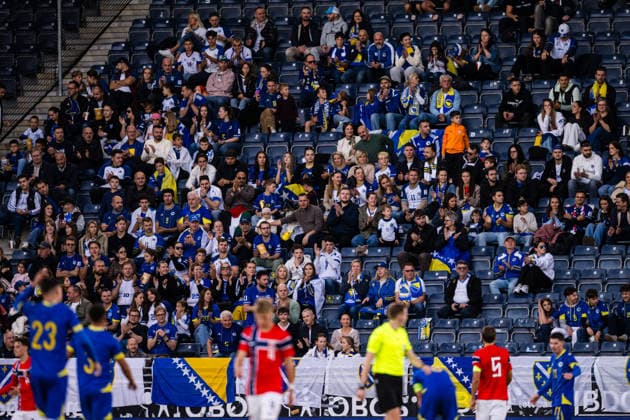 260929 Spectators in the stands during the UEFA European Under-21 Qualifier soccer match between Norway and Bosnia and Herzegovina on September 29, 2026 in Stavanger. Photo by Marius Simensen. BILDBYRAN COP 238 bbeng bosnia bosnia and herzegovina eu qualifiers soccer u21 uefa euro under-21 qualifiers  Copyright: MARIUSxSIMENSEN BB260929BB345