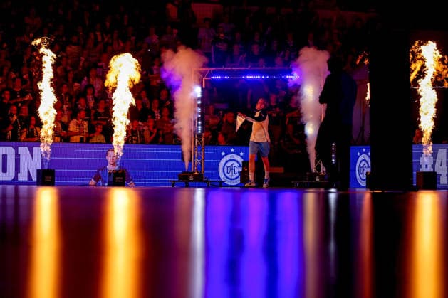 September 29, 2026, Handball, EL, VfL Gummersbach vs. PGE Wybrzeza Gdansk, Matchday 1 of the EHF European League, 2026–27 Men’s Season, Schwalbe Arena, pre-game show featuring pyrotechnics and a fire show, North Rhine-Westphalia, Germany