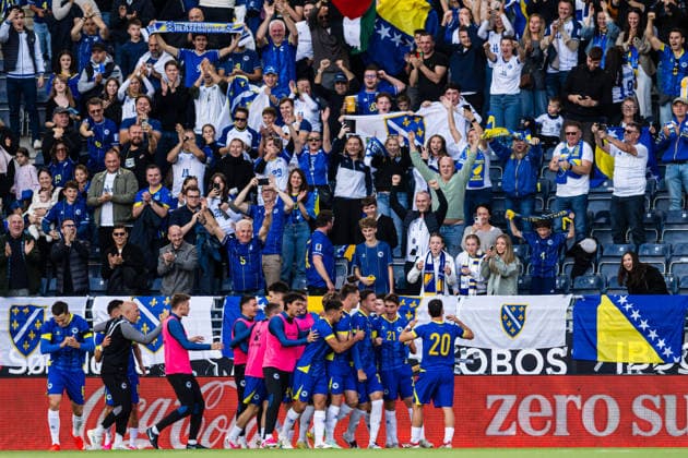 September 29, 2026: Eman Kospo of Bosnia and Herzegovina celebrates after scoring the 0–1 goal during the UEFA European Under-21 Qualifier soccer match between Norway and Bosnia and Herzegovina on September 29, 2026 in Stavanger. Photo by Marius Simensen. BILDBYRAN COP 238 bbeng bosnia bosnia and herzegovina u21 qualifiers soccer football celebration norway u21 uefa euro under-21 qualifiers  Copyright: MARIUSxSIMENSEN BB260929BB361