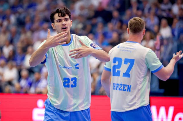 September 29, 2026, Handball, EL, VfL Gummersbach vs. PGE Wybrzeza Gdansk, Matchday 1 of the 2026–27 EHF European League Men’s Season, Schwalbe Arena; Nikola Roganovic of VfL Gummersbach, age 23, gesturing on the court; North Rhine-Westphalia, Germany