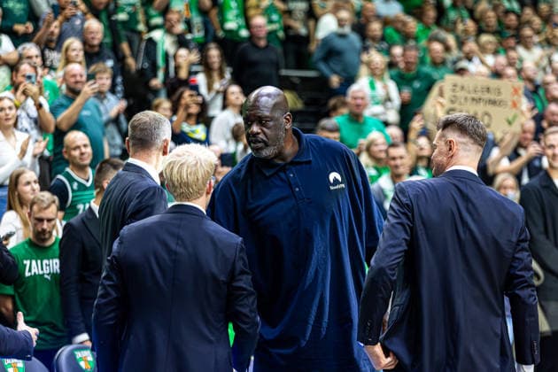 Zalgiris Kaunas vs Olympiacos Piraeus - EuroLeague Shaquille O Neal attends the EuroLeague basketball match between Zalgiris Kaunas and Olympiacos Piraeus at Zalgiris Arena in Kaunas, Lithuania. Kaunas Kaunas Lithuania