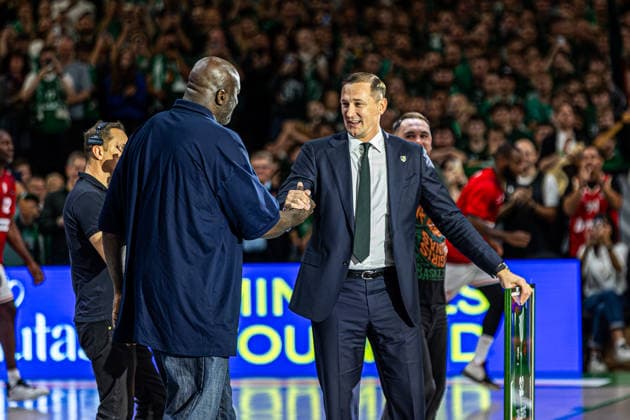 Zalgiris Kaunas vs Olympiacos Piraeus - EuroLeague Shaquille O Neal attends the EuroLeague basketball match between Zalgiris Kaunas and Olympiacos Piraeus at Zalgiris Arena in Kaunas, Lithuania. Kaunas Kaunas Lithuania