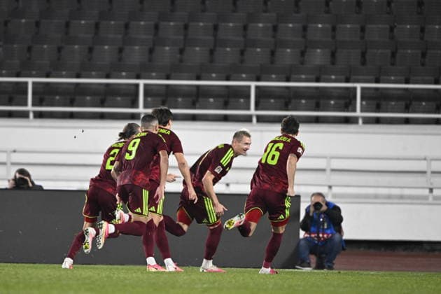 LKS 20260929 Players of Team Belarus celebrate 0-1 goal by Aleksandr Selyava (C) which was later disallowed during the UEFA Nations League League C Group C1 football match between Finland and Belarus in Helsinki, Finland, on September 29, 2026. - RONI REKOMAA Helsinki Finland OT1OGVbaLQM  Copyright: xRonixRekomaax OT1OGVbaLQM