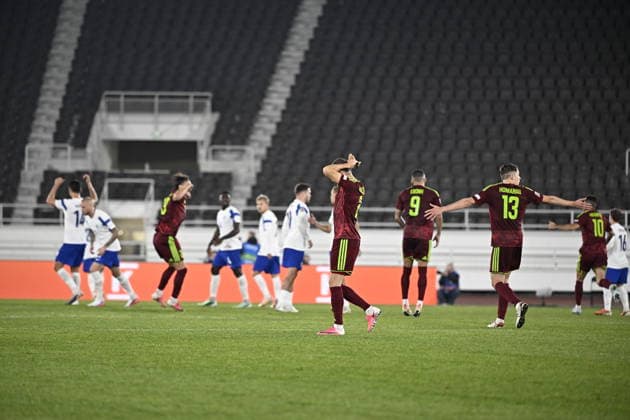 LKS 20260929 Players of Team Belarus and Team Finland react when 0-1 goal by Aleksandr Selyava of Belarus is disallowed during the UEFA Nations League League C Group C1 football match between Finland and Belarus in Helsinki, Finland, on September 29, 2026. - RONI REKOMAA Helsinki Finland bqlQwFvJRk0  Copyright: xRonixRekomaax bqlQwFvJRk0