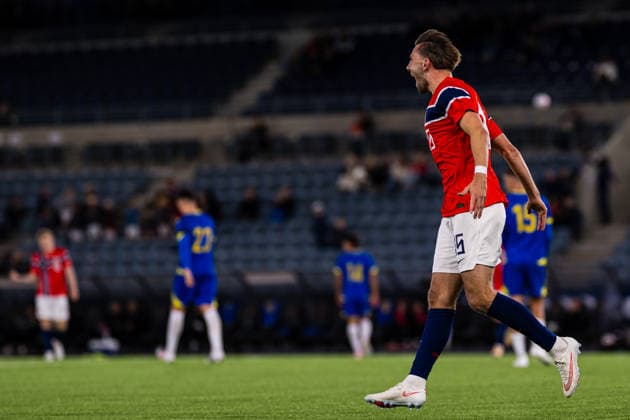 September 29, 2026: Niklas Odegard of Norway celebrates after scoring the 3-1 goal during the UEFA European Under-21 Qualifier soccer match between Norway and Bosnia and Herzegovina on September 29, 2026 in Stavanger. Photo by Marius Simensen. BILDBYRAN COP 238 bbeng bosnia bosnia and herzegovina eu qualifiers soccer u21 uefa euro under-21 qualifiers  Copyright: MARIUSxSIMENSEN BB260929BB421