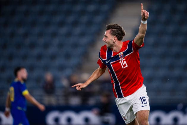 September 29, 2026: Niklas Odegard of Norway celebrates after scoring the 3-1 goal during the UEFA European Under-21 Qualifier soccer match between Norway and Bosnia and Herzegovina on September 29, 2026 in Stavanger. Photo by Marius Simensen. BILDBYRAN COP 238 bbeng bosnia bosnia and herzegovina eu qualifiers soccer football celebration norway u21 uefa euro under-21 qualifiers  Copyright: MARIUSxSIMENSEN BB260929BB427