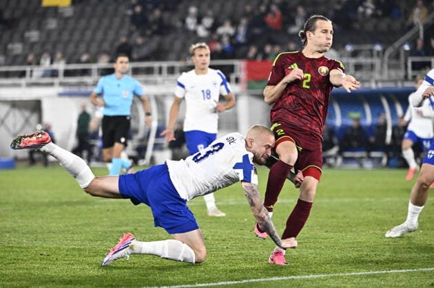 LKS 20260929 Adam Stahl (L) of Finland collides with Kirill Pechenin of Belarus during the UEFA Nations League League C Group C1 football match between Finland and Belarus in Helsinki, Finland, on September 29, 2026. - RONI REKOMAA Helsinki Finland CGqzWbQliBo  Copyright: xRonixRekomaax CGqzWbQliBo