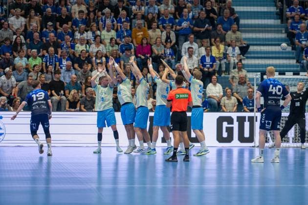 Oskar Czertowicz, backcourt, PGE Wybrzeze Gdansk 19, Miloö Vujovic, wing, VfL Gummersbach 6, Kristjan Horžen, pivot, VfL Gummersbach 27, Thorvaldur Thorvaldsson, pivot, PGE Wybrzeze Gdansk 40, , VfL Gummersbach vs. PGE Wybrzeze Gdansk, EHF European League, Men’s, Matchday 1, 2026–2027 Season, September 29, 2026, Gummersbach, North Rhine-Westphalia, Germany Copyright: xkolbert-press MartinxWdziecznyx