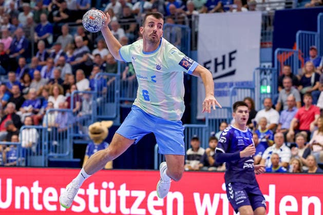 September 29, 2026, Handball, EL, VfL Gummersbach vs. PGE Wybrzeza Gdansk, Matchday 1 of the EHF European League, 2026–27 Men’s Season, Schwalbe Arena; Milos Vujovic of VfL Gummersbach 06 shoots the ball toward the goal; North Rhine-Westphalia, Germany