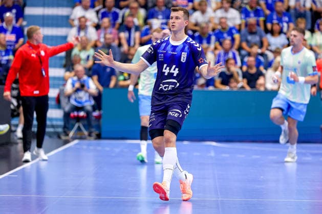 September 29, 2026, Handball, EL, VfL Gummersbach vs. PGE Wybrzeza Gdansk, Matchday 1 of the EHF European League, 2026–27 Men’s Season, Schwalbe Arena, Mikolaj Czaplinski, PGE 44 celebrating, North Rhine-Westphalia, Germany