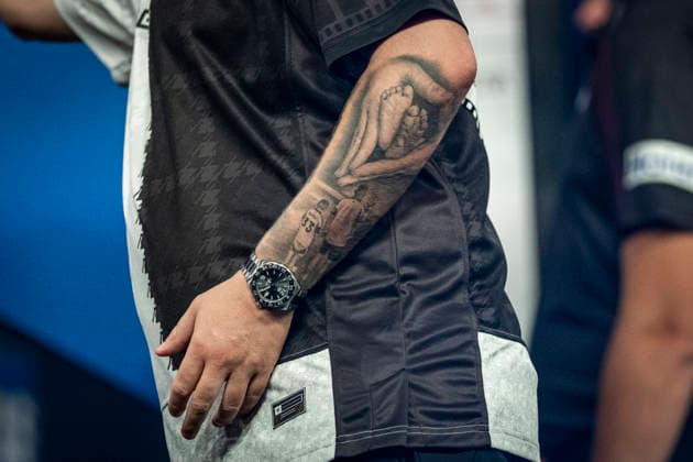 RECORD DATE NOT STATED 29th September 2026; Mattioli Arena, Leicester, England; PDC World Grand Prix Darts, Day 2; Detail of the tattoo on the arm of Chris Dobey GodfreyxPitt