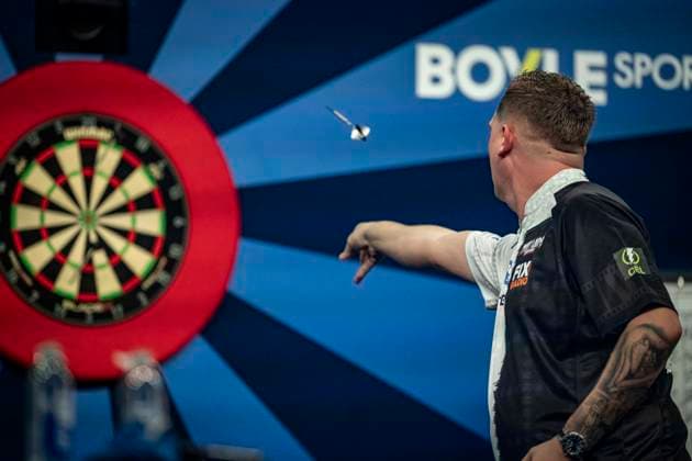 RECORD DATE NOT STATED 29th September 2026; Mattioli Arena, Leicester, England; PDC World Grand Prix Darts, Day 2; Chris Dobey in action on the oche his first round match against Jermaine Wattimena GodfreyxPitt