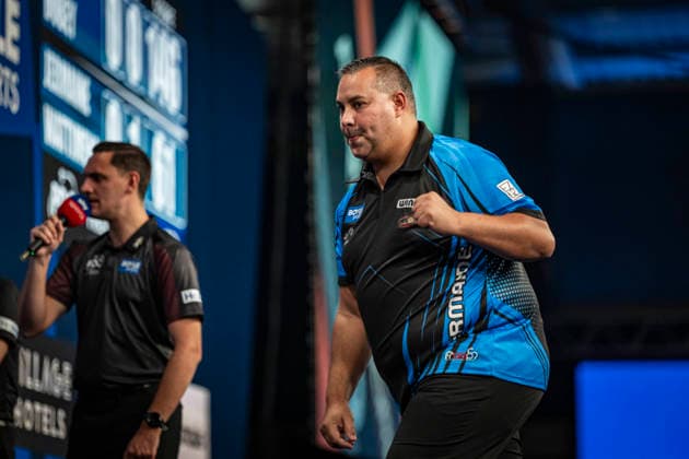 RECORD DATE NOT STATED 29th September 2026; Mattioli Arena, Leicester, England; PDC World Grand Prix Darts, Day 2; Jermaine Wattimena celebrates winning a leg in his first round match against Chris Dobey GodfreyxPitt