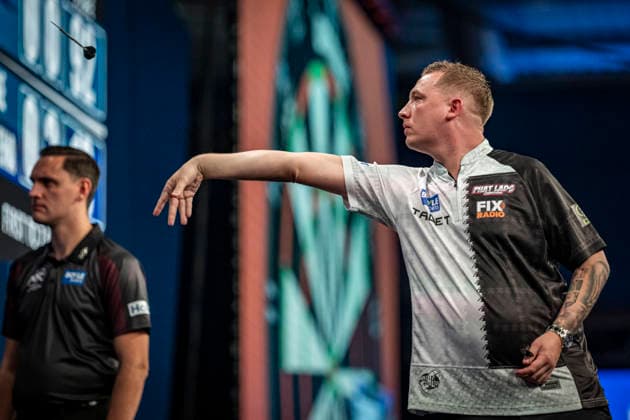 RECORD DATE NOT STATED 29th September 2026; Mattioli Arena, Leicester, England; PDC World Grand Prix Darts, Day 2; Chris Dobey in action on the oche his first round match against Jermaine Wattimena GodfreyxPitt