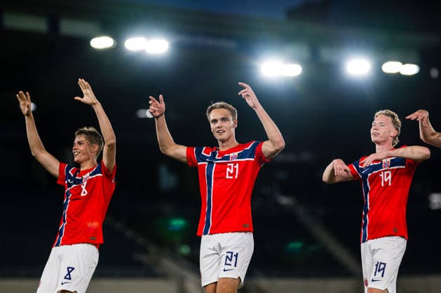 September 29, 2026: Jens Hjerto Dahl, Leander Alvheim, and Vetle Auklend of Norway celebrate after the UEFA European Under-21 Qualifier soccer match between Norway and Bosnia and Herzegovina on September 29, 2026 in Stavanger. Photo by Marius Simensen. BILDBYRAN COP 238 bbeng bosnia bosnia and herzegovina em qualification football soccer norway u21 uefa euro under-21 qualifiers  Copyright: MARIUSxSIMENSEN BB260929BB546