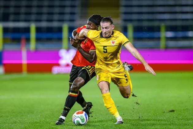 Belgium s Richie Sagrado and Wales Archie Harris fight for the ball during a soccer game between Belgium U21, U 21 and Wales U21, Tuesday 29 September 2026 in Westerlo, qualifier 7 8 for the 2027 European Championships. BRUNOxFAHY  x188263524x