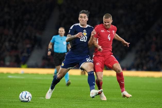UK: UEFA Nations League, Scotland v Switzerland at Barclays Hampden, Glasgow, Scotland on 29 September 2026: Pictured: Kieron Bowie (Scotland) and Nico Elvedi (Switzerland) Glasgow Barclays Hampden Scotland Copyright: xAlexxToddx