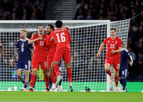 29.09.2026: Scotland v Switzerland: Ricardo Rodriguez scores and celebrates with Zeki Amdouni and Zachary Athekame of Switzerland  Copyright: xWilliexVassx NINTCHDBPICT001112140085