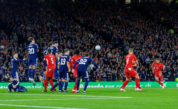29.09.2026 Scotland v Switzerland, UEFA Nations League, League Stage : Ricardo Rodriguez opens the scoring from a free kivk 0-1  Copyright: xKennyxRamsay.Scotlandx NINTCHDBPICT001112140396