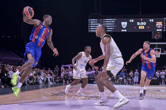 Dubai Basketball v FC Barcelona, Barca - EuroLeague DUBAI, UNITED ARAB EMIRATES - SEPTEMBER 29: Umoja Adeyemi Gibson Jr. (81) of FC Barcelona in action during the EuroLeague match between Dubai Basketball and FC Barcelona at Coca-Cola Arena in Dubai, United Arab Emirates, on September 29, 2026. Hassan al Raisi Anadolu Dubai United Arab Emirates. Editorial use only. Please get in touch for any other usage.  Copyright: x2026xAnadoluxHassanxalxRaisix