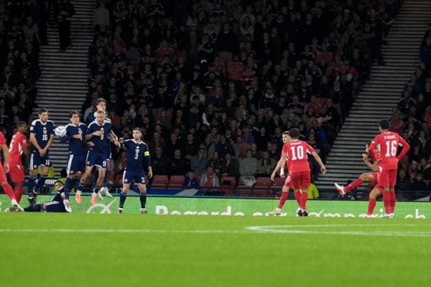 UK: UEFA Nations League, Scotland v Switzerland at Barclays Hampden, Glasgow, Scotland on 29 September 2026: Pictured: Ricardo Rodriguez (Switzerland) scores direct from a free-kick to make it 0-1 Glasgow Barclays Hampden Scotland Copyright: xAlexxToddx