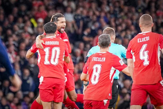 Soccer: UEFA Nations League 2026–2027, Matchday 2: Scotland vs. Switzerland at Hampden Park, Glasgow—Goal and celebration following Ricardo Rodriguez’s 0–1 goal for Switzerland, 13: Joy, emotions, cheers Copyright: xJOERANxSTEINSIEKx