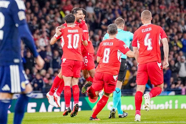 Soccer: UEFA Nations League 2026–2027, Matchday 2: Scotland vs. Switzerland at Hampden Park, Glasgow—Goal and celebration following Ricardo Rodriguez’s 0–1 goal for Switzerland, 13: Joy, emotions, cheers Copyright: xJOERANxSTEINSIEKx