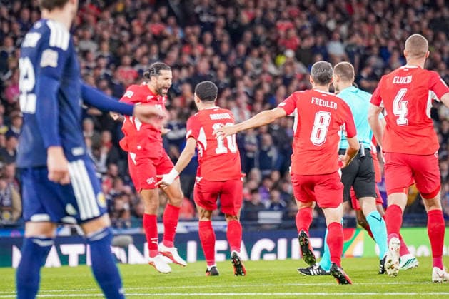 Soccer: UEFA Nations League 2026–2027, Matchday 2: Scotland vs. Switzerland at Hampden Park, Glasgow—Goal and celebration following Ricardo Rodriguez’s 0–1 goal for Switzerland, 13: Joy, emotions, cheers Copyright: xJOERANxSTEINSIEKx