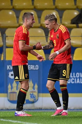 260924 Belgium U21, U 21 vs Wales U21 Norman Bassette (9) of Belgium celebrates with Romeo Vermant (17) of Belgium after scoring the 1-0 goal during a soccer game between the Under 21 national teams of Belgium and Wales on matchday 11 in group I in the qualifying of the UEFA Under 21 Championship , on Tuesday 29 September 2026 in Westerlo , Belgium .(Photo by David Catry Isosport) Westerlo Belgium  Copyright: xDavidxCatryx 20260929DC2_5397