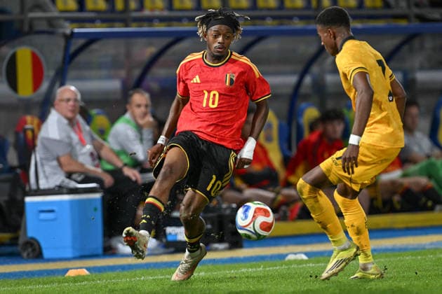 260924 Belgium U21, U 21 vs Wales U21 Samuel Mbangula (10) of Belgium pictured during a soccer game between the Under 21 national teams of Belgium and Wales on matchday 11 in group I in the qualifying of the UEFA Under 21 Championship , on Tuesday 29 September 2026 in Westerlo , Belgium .(Photo by David Catry Isosport) Westerlo Belgium  Copyright: xDavidxCatryx 20260929DC2_6293