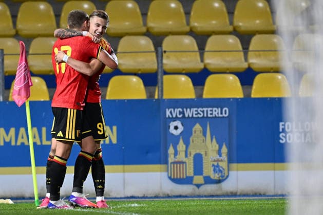 260924 Belgium U21, U 21 vs Wales U21 Norman Bassette (9) of Belgium celebrates with Romeo Vermant (17) of Belgium after scoring the 1-0 goal during a soccer game between the Under 21 national teams of Belgium and Wales on matchday 11 in group I in the qualifying of the UEFA Under 21 Championship , on Tuesday 29 September 2026 in Westerlo , Belgium .(Photo by David Catry Isosport) Westerlo Belgium  Copyright: xDavidxCatryx 20260929DC2_5357