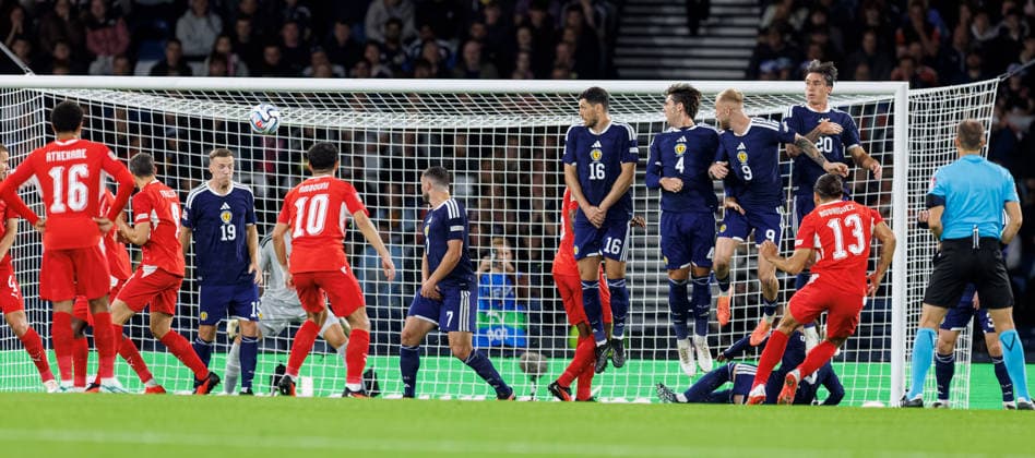 29.09.2026: Scotland v Switzerland: Ricardo Rodriguez of Switzerland lofts his free kick over the Scotland wall and beyond keeper goalkeeper Angus Gunn of Scotland  Copyright: xWilliexVassx NINTCHDBPICT001112142131