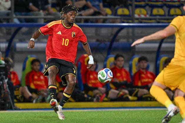 260924 Belgium U21, U 21 vs Wales U21 Samuel Mbangula (10) of Belgium pictured during a soccer game between the Under 21 national teams of Belgium and Wales on matchday 11 in group I in the qualifying of the UEFA Under 21 Championship , on Tuesday 29 September 2026 in Westerlo , Belgium .(Photo by David Catry Isosport) Westerlo Belgium  Copyright: xDavidxCatryx 20260929DC2_5509