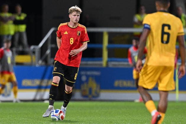 260924 Belgium U21, U 21 vs Wales U21 Arthur Piedfort (8) of Belgium pictured during a soccer game between the Under 21 national teams of Belgium and Wales on matchday 11 in group I in the qualifying of the UEFA Under 21 Championship , on Tuesday 29 September 2026 in Westerlo , Belgium .(Photo by David Catry Isosport) Westerlo Belgium  Copyright: xDavidxCatryx 20260929DC2_5925