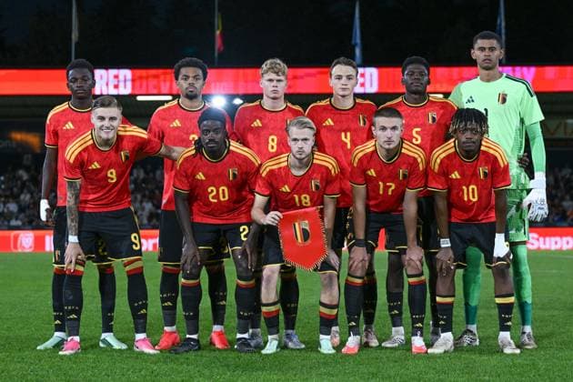 260924 Belgium U21, U 21 vs Wales U21 players of Belgium with Jesse Bisiwu (22) of Belgium, Lucas Noubi (3) of Belgium, Arthur Piedfort (8) of Belgium, Matte Smets (4) of Belgium, Josue Ndenge Kongolo (5) of. Belgium, goalkeeper Lucca Brughmans (1) of Belgium, Norman Bassette (9) of Belgium, Richie Sagrado (20) of Belgium, Arthur Vermeeren (18) of Belgium, Romeo Vermant (17) of Belgium and Samuel Mbangula (10) of Belgium pose for a team photo during a soccer game between the Under 21 national teams of Belgium and Wales on matchday 11 in group I in the qualifying of the UEFA Under 21 Championship , on Tuesday 29 September 2026 in Westerlo , Belgium .(Photo by David Catry Isosport) Westerlo Belgium  Copyright: xDavidxCatryx 20260929DC2_9483
