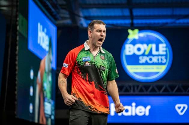 RECORD DATE NOT STATED 29th September 2026; Mattioli Arena, Leicester, England; PDC World Grand Prix Darts, Day 2; William O Connor celebrates winning a leg in his first round match against Ryan Searle GodfreyxPitt