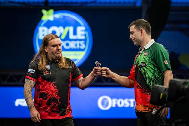RECORD DATE NOT STATED 29th September 2026; Mattioli Arena, Leicester, England; PDC World Grand Prix Darts, Day 2; Ryan Searle fist bumps his opponent William O Connor before the final leg of their first round match GodfreyxPitt