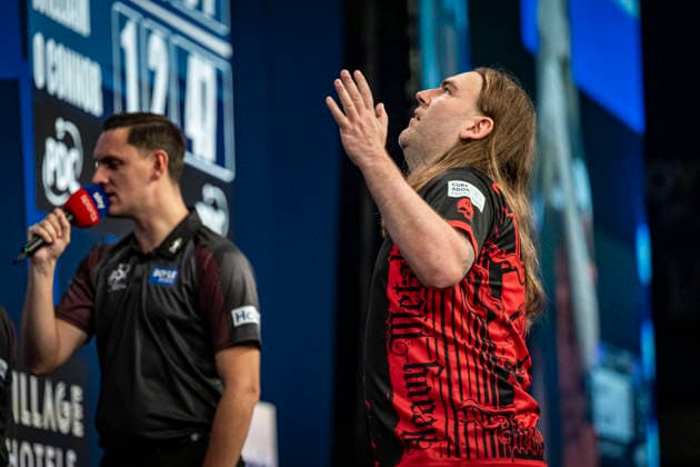 RECORD DATE NOT STATED 29th September 2026; Mattioli Arena, Leicester, England; PDC World Grand Prix Darts, Day 2; Ryan Searle celebrates winning his first round match against William O Connor GodfreyxPitt