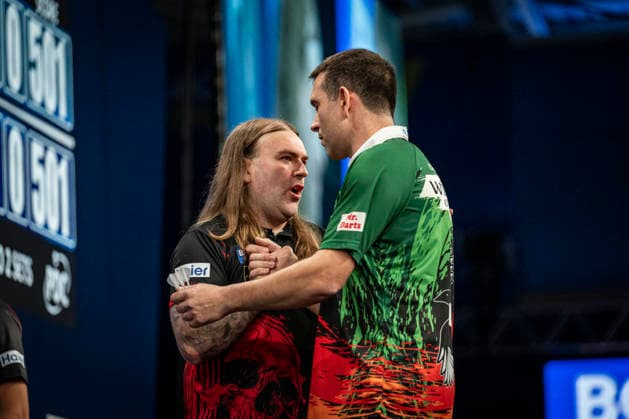 RECORD DATE NOT STATED 29th September 2026; Mattioli Arena, Leicester, England; PDC World Grand Prix Darts, Day 2; William O Connor congratulates Ryan Searle on his victory in their first round match GodfreyxPitt