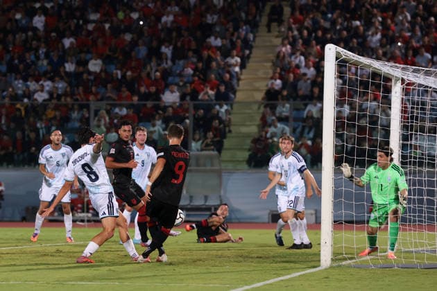 San Marino v Albania - UEFA Nations League - Season 2026-2027 Serravalle, Italy, 29th September 2026. Anis Mehmeti of Albania scores to give the visitors a 1-0 lead during the San Marino vs Albania UEFA Nations League, League C, Group C1, match at San Marino Stadium, Serravalle. Picture credit should read: Jonathan Moscrop Serravalle San Marino Stadium San Marino