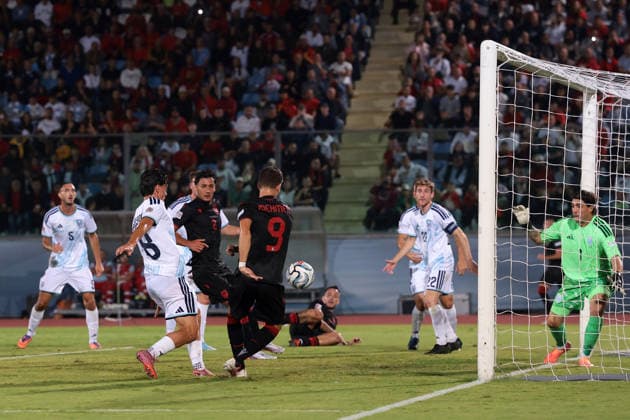 San Marino v Albania - UEFA Nations League - Season 2026-2027 Serravalle, Italy, 29th September 2026. Anis Mehmeti of Albania scores to give the visitors a 1-0 lead during the San Marino vs Albania UEFA Nations League, League C, Group C1, match at San Marino Stadium, Serravalle. Picture credit should read: Jonathan Moscrop Serravalle San Marino Stadium San Marino