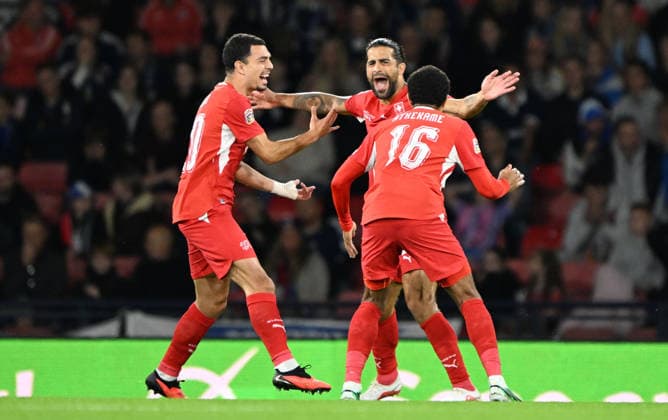Glasgow, Scotland, 29th September 2026. Ricardo Rodriguez of Switzerland scores from the resulting free kick during the Scotland vs Switzerland UEFA Nations League match at Hampden Park, Glasgow. Picture credit should read: Neil Hanna Sportimage EDITORIAL USE ONLY. No use with unauthorised audio, video, data, fixture lists, club league logos or live services. Online in-match use limited to 120 images, no video emulation. No use in betting, games or single club league player publications. SPI_033_Scotland_Switzerland SPI-5047-0029