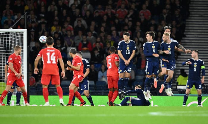 Glasgow, Scotland, 29th September 2026. Ricardo Rodriguez of Switzerland scores from the resulting free kick during the Scotland vs Switzerland UEFA Nations League match at Hampden Park, Glasgow. Picture credit should read: Neil Hanna Sportimage EDITORIAL USE ONLY. No use with unauthorised audio, video, data, fixture lists, club league logos or live services. Online in-match use limited to 120 images, no video emulation. No use in betting, games or single club league player publications. SPI_032_Scotland_Switzerland SPI-5047-0033