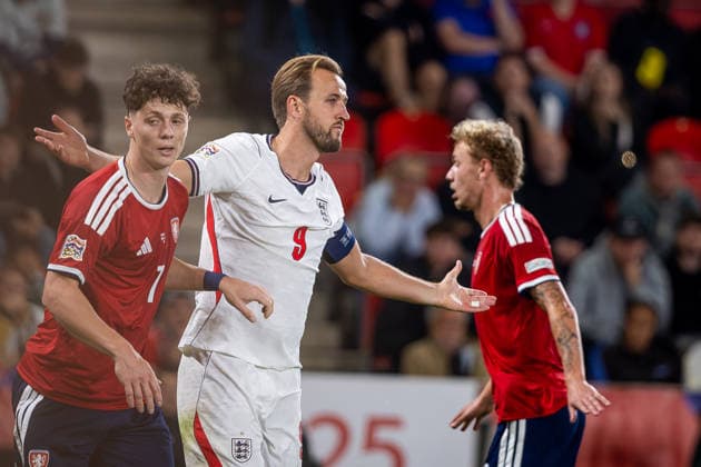 CZECHIA - ENGLAND Harry Kane of England and Bayern Munich and Ladislav Krejci of Czechia and Wolverhampton Wanderers FC Wolves during UEFA Nations League - League A - Group A3 - Matchday 2 - football match between Czechia and England. Fortuna Arena, Eden, Stadion, Prague, Czechia September 29, 2026. Photo by Branislav Racko Copyright: xx 080A6019