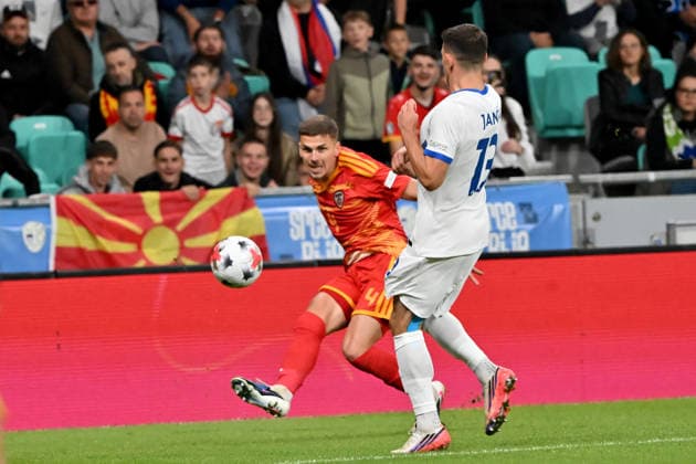 LJUBLJANA, SLOVENIA - SEPTEMBER 29: Andrej Stojchevski of North Macedonia (L) in action against Erik Janza of Slovenia (R) during the UEFA Nations League, League B Group B1, match between Slovenia and North Macedonia at Stadion Stozice, Ljubljana on September 29, 2026 in Ljubljana, Slovenia. (Photo by Igor Kupljenik Sports Press Photo). Copyright: xIgorxKupljenikx xSPPx Sportspressphoto_SPR242758