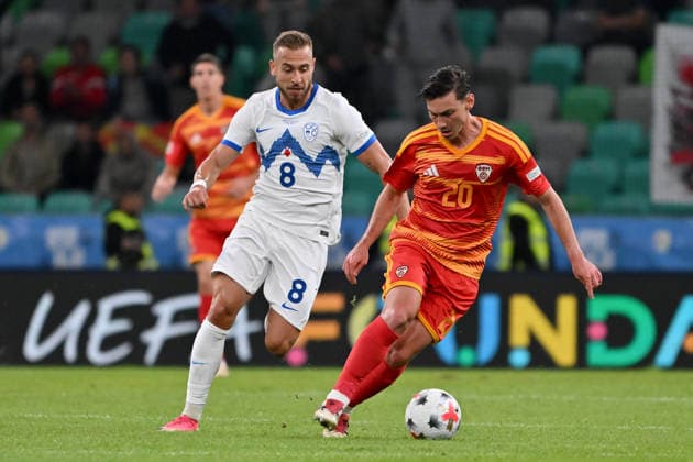 LJUBLJANA, SLOVENIA - SEPTEMBER 29: Dimitar Mitrovski of North Macedonia (R) in action against Sandi Lovric of Slovenia (L) during the UEFA Nations League, League B Group B1, match between Slovenia and North Macedonia at Stadion Stozice, Ljubljana on September 29, 2026 in Ljubljana, Slovenia. (Photo by Igor Kupljenik Sports Press Photo). Copyright: xIgorxKupljenikx xSPPx Sportspressphoto_SPR242759
