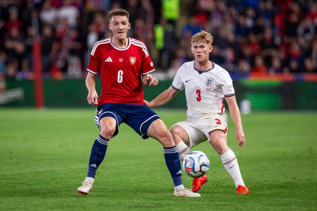 CZECHIA - ENGLAND Lewis Hall of England and Newcastle United and Stepan Chaloupek of Czechia and SK Slavia Praha during UEFA Nations League - League A - Group A3 - Matchday 2 - football match between Czechia and England. Fortuna Arena, Eden, Stadion, Prague, Czechia September 29, 2026. Photo by Branislav Racko Copyright: xx 080A6051