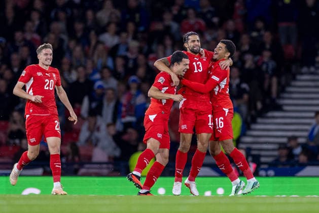 RECORD DATE NOT STATED 29th September 2026; Hampden Park, Glasgow, Scotland; UEFA Nations League Football, Scotland versus Switzerland; Ricardo Rodriguez of Switzerland celebrates after he shoots and scores from a free kick in the 12th minute to make it 1-0 to Switzerland VagelisxGeorgariou